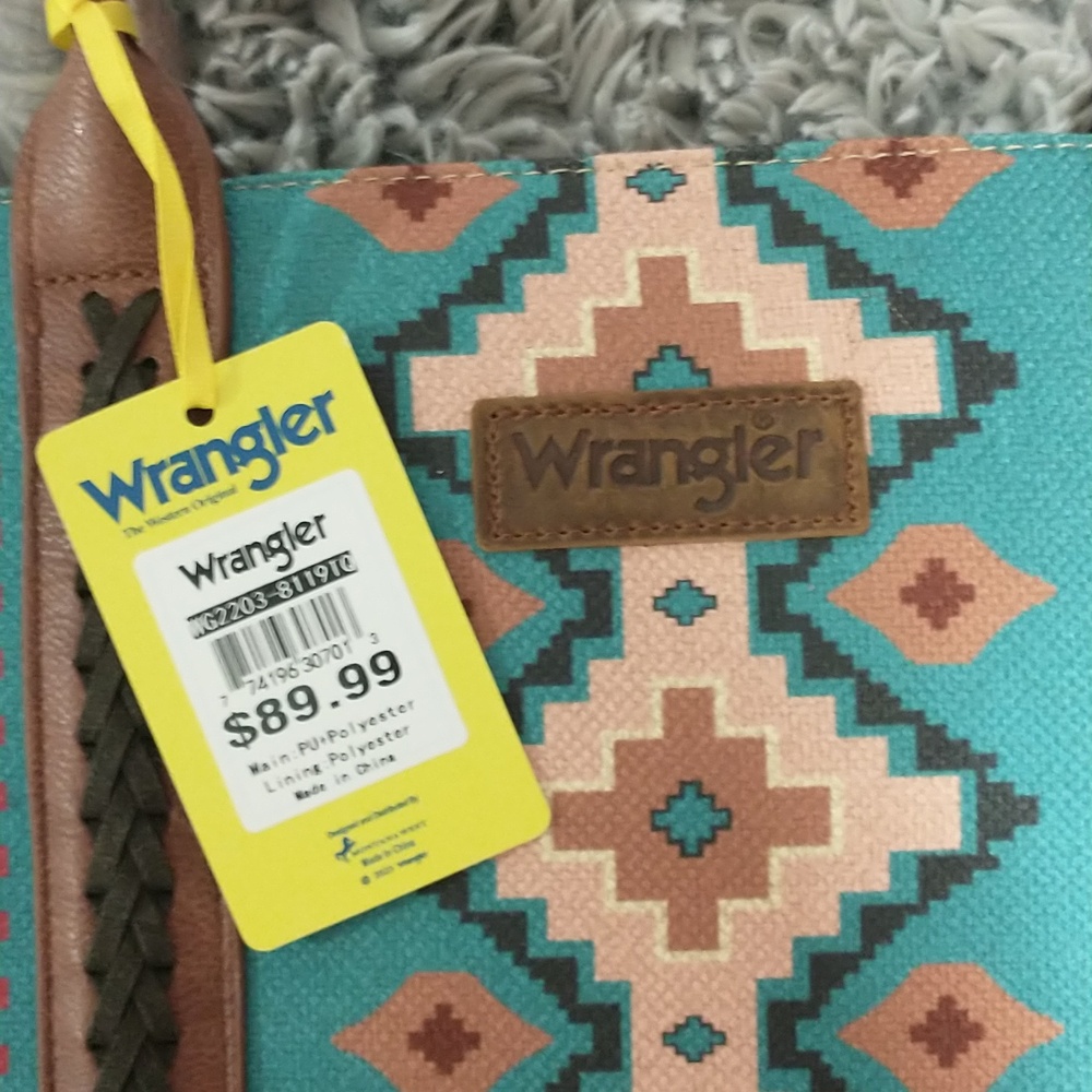 Wrangler Turquoise Aztec-Pattern Large Tote with Brown Trim - Picture 5 of 7